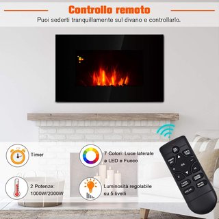 Chimenea Eléctrica de Pared 1000/2000W Efecto Llama 7 Colores y Luces LED Laterales, Chimenea Eléctrica con Temperatura Regulable, Control Remoto, Termostato, Temporizador, Protección Contra Sobre...