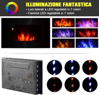 Chimenea Eléctrica de Pared 1000/2000W Efecto Llama 7 Colores y Luces LED Laterales, Chimenea Eléctrica con Temperatura Regulable, Control Remoto, Termostato, Temporizador, Protección Contra Sobre...