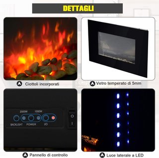 Chimenea Eléctrica de Pared 1000/2000W Efecto Llama 7 Colores y Luces LED Laterales, Chimenea Eléctrica con Temperatura Regulable, Control Remoto, Termostato, Temporizador, Protección Contra Sobre...