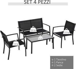 Salón De Jardín, Set De 4 Piezas Con 1 Mesa, 2 Sillas De Jardín Y 1 Banco De Metal, Negro
