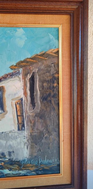 Cuadro al óleo vintage Casas con puente. Con marco