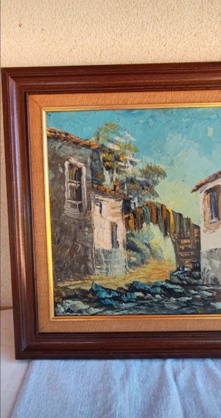 Cuadro al óleo vintage Casas con puente. Con marco