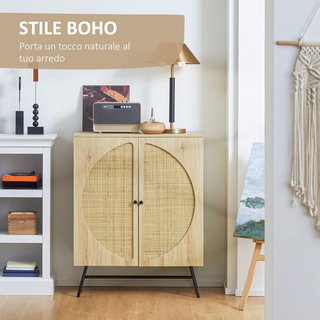 Credenza Estilo Boho con 2 Puertas, Mueble de Salón con 2 Estantes Internos, Patas de Acero e Inserciones de Ratán, 80X39X101.8Cm, Natural