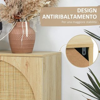 Credenza Estilo Boho con 2 Puertas, Mueble de Salón con 2 Estantes Internos, Patas de Acero e Inserciones de Ratán, 80X39X101.8Cm, Natural
