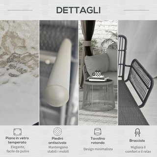 Conjunto de Muebles de Jardín de Rattan de 3 Piezas, Sofá de Jardín Exterior con Sofá de 2 Plazas, Chaise Longue con Cojines y Mesa con Tapa de Cristal, Conjunto de Jardín para Patio, Gris Claro
