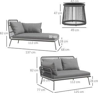 Conjunto de Muebles de Jardín de Rattan de 3 Piezas, Sofá de Jardín Exterior con Sofá de 2 Plazas, Chaise Longue con Cojines y Mesa con Tapa de Cristal, Conjunto de Jardín para Patio, Gris Claro