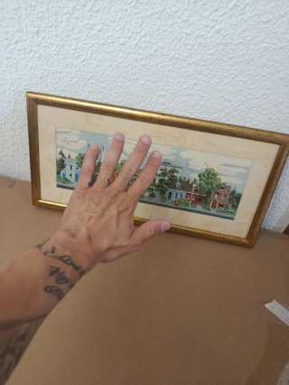 Cuadro bordado a mano paisaje pueblo marco dorado