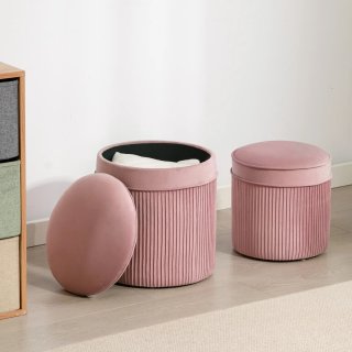 Set 2 Pouf Poggiapiedi Impilabili in Velluto Rosa
