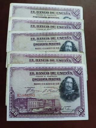 Lote 5 Billetes El Banco de España 50 Pesetas