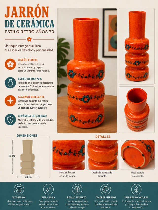 Jarrón de cerámica naranja años 70