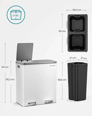 Cubo Basura Doble 2x30L Pedal Cierre Suave SONGMICS LTB60WT