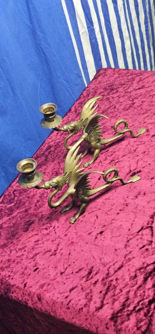 Pareja Candelabros Bronce Antiguos Dragón