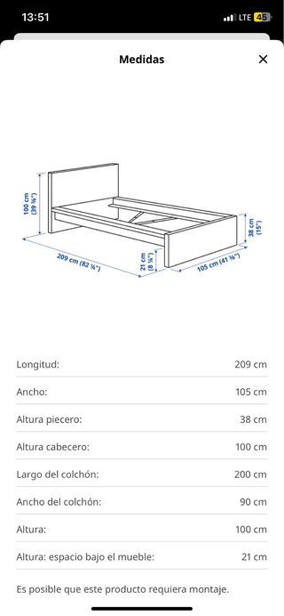Cama 90x200 con colchón y somier