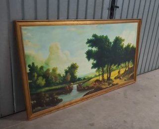 Pintura paisaje con cascada y ciervos