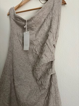 Vestido Zara Jacquard Pliegues Beige/Gris