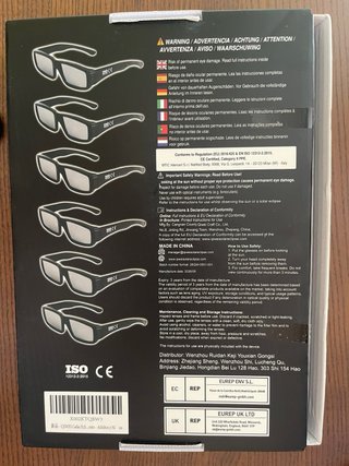 Gafas Eclipse Solar QIWEI Certificadas ISO 12312-2