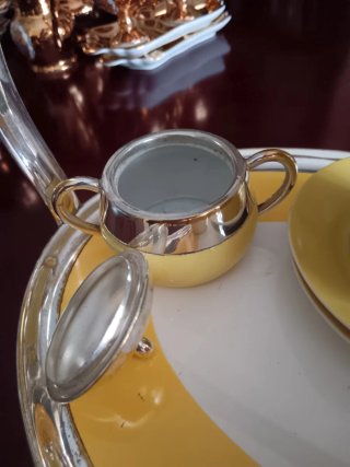Juego té/café antiguo plata y amarillo