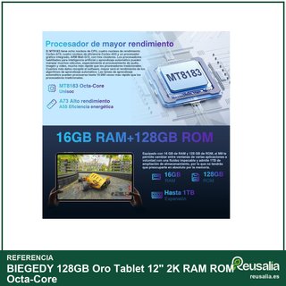 BIEGEDY 128GB Oro Tablet 12" 2K RAM ROM Octa-Core