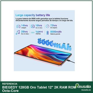 BIEGEDY 128GB Oro Tablet 12" 2K RAM ROM Octa-Core