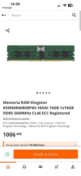 Memoria RAM Kingston 16GB DDR5 KSM56R46BS8PMI