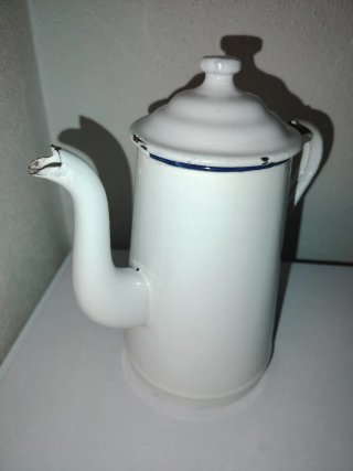 Cafetera vintage esmaltada blanco azul  años 40-50