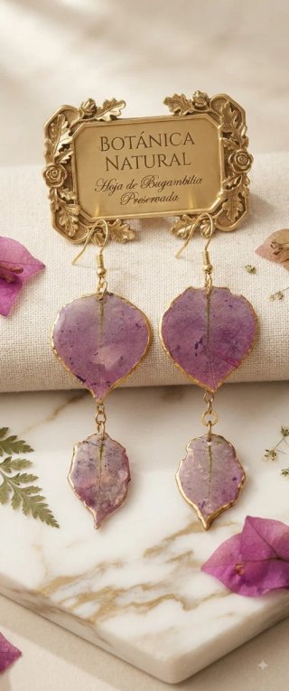 Pendientes artesanales hoja Buganvilla natural