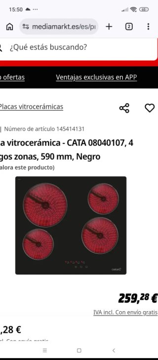 Vitrocerámica CATA 4 zonas 590mm Negra