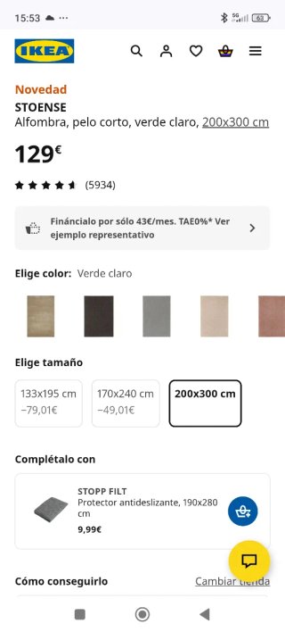 Alfombra STOENSE Ikea verde claro 200x300 cm