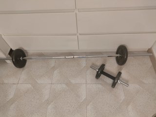 Barra, mancuernas y discos de pesas, 50kg