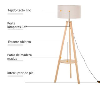 Lámpara Pie Trípode Madera
