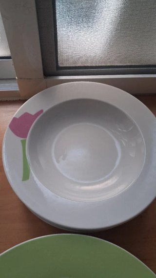 Vajilla porcelana verde y rosa,