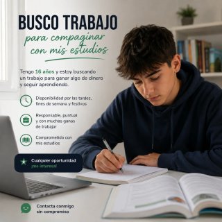 Adolescente de 16 años busca empleo tiempo parcial