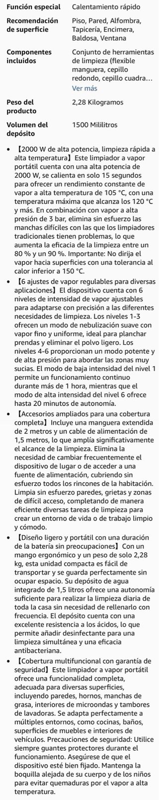 Limpiador a Vapor 2000W 6 Velocidades Deposito1.5L