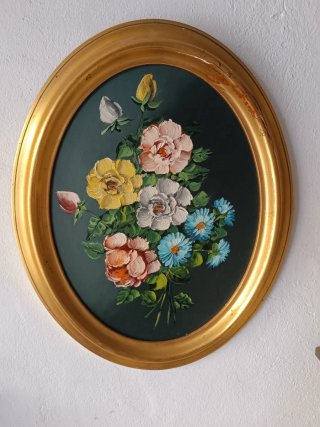 Antiguo tondo al óleo floral