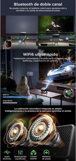 Proyector 1080P WiFi 6 Bluetooth 5.4 App Integrada