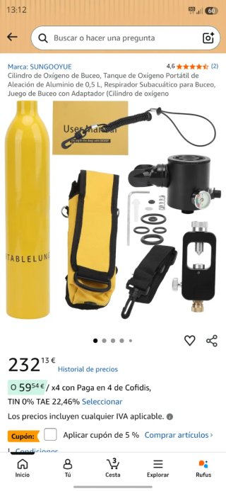Mini Tanque Buceo GOYOJO 0.5L /Bombona de oxigeno