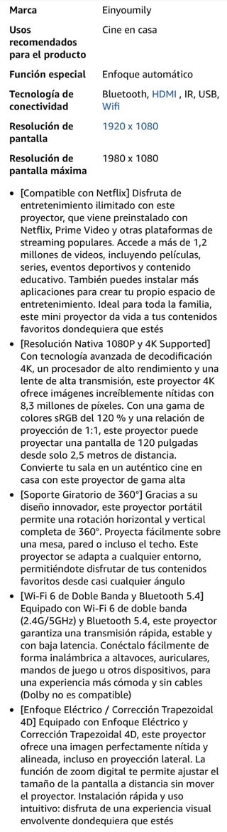 Proyector 1080P WiFi 6 Bluetooth 5.4 App Integrada