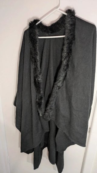 Fur lined neck, cape drape jacket.