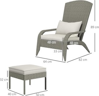 Silla De Jardín Con Reposapiés, Brazos Y Cojines Acolchados, Silla Adirondack De Ratán Y Acero, 64X82X89 Cm, Gris Y Blanco Crema