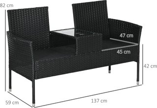 Banco de Jardín de 2 Plazas con Mesa de Café Central, Sofá de Rattan PE, Acero y Poliéster, 137X59X82 Cm, Negro