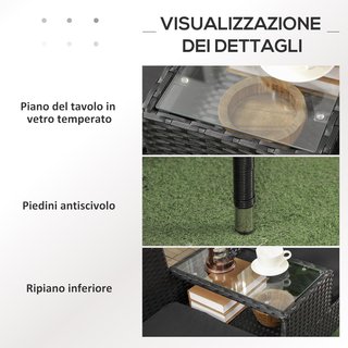 Banco de Jardín de 2 Plazas con Mesa de Café Central, Sofá de Rattan PE, Acero y Poliéster, 137X59X82 Cm, Negro