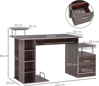 Escritorio Moderno para Computadora con Cajones, Estantes y Teclado Extraíble, Escritorio de Oficina para Casa en Madera Marrón 152X60X88Cm