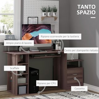 Escritorio Moderno para Computadora con Cajones, Estantes y Teclado Extraíble, Escritorio de Oficina para Casa en Madera Marrón 152X60X88Cm