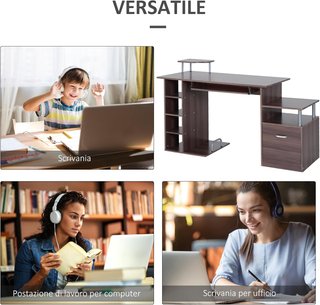 Escritorio Moderno para Computadora con Cajones, Estantes y Teclado Extraíble, Escritorio de Oficina para Casa en Madera Marrón 152X60X88Cm
