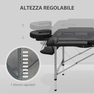 Cama de Masaje Portátil y Plegable de Aluminio y PU con Altura Ajustable y Asiento Acolchado, 186X71X62-83 Cm, Negro