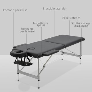 Cama de Masaje Portátil y Plegable de Aluminio y PU con Altura Ajustable y Asiento Acolchado, 186X71X62-83 Cm, Negro