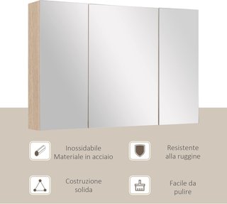 Espejo de Baño Contenedor Con 3 Puertas Espejadas Soft Close, Espejo de Baño Con Estantes Ajustables en Madera y Vidrio, 90X13.5X60 Cm, Color Madera