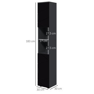 Columna de Baño de Aglomerado con 2 Estantes Abiertos y 2 Armarios de 2 Niveles Regulables, 30x30x183 cm, Negro y Gris Oscuro