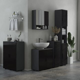Columna de Baño de Aglomerado con 2 Estantes Abiertos y 2 Armarios de 2 Niveles Regulables, 30x30x183 cm, Negro y Gris Oscuro