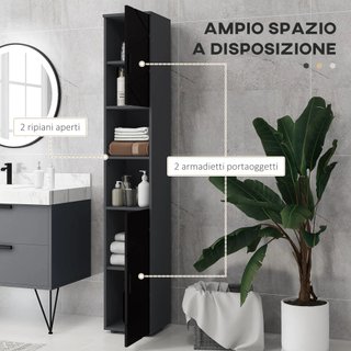 Columna de Baño de Aglomerado con 2 Estantes Abiertos y 2 Armarios de 2 Niveles Regulables, 30x30x183 cm, Negro y Gris Oscuro